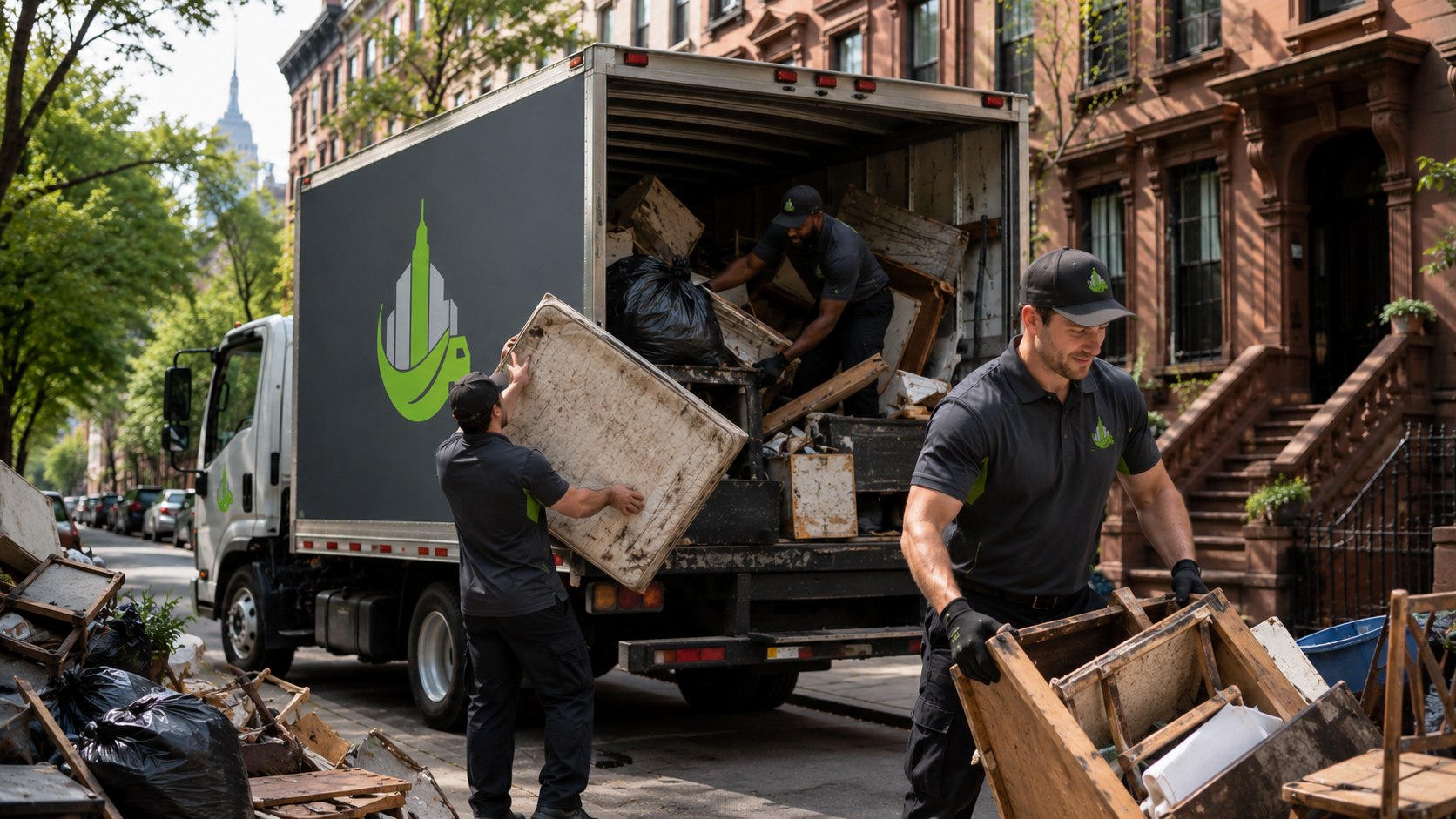 NYC crew loading bulky junk into a branded truck
