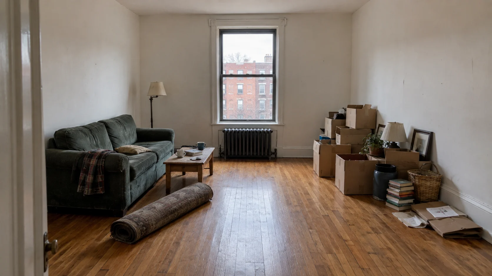 apartment before cleanout with an old sofa, furniture and cardboard boxes.